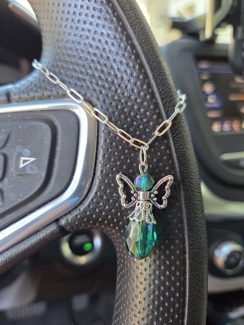 Hand Crafted Green Angel Silver Steering Wheel Charm Chain Rearview Mirror Charm